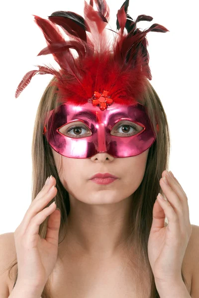 Dívka v červené krycí maska — Stock fotografie