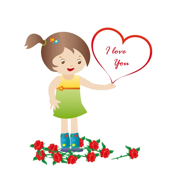 Chica con rosas y corazón — Vector de stock