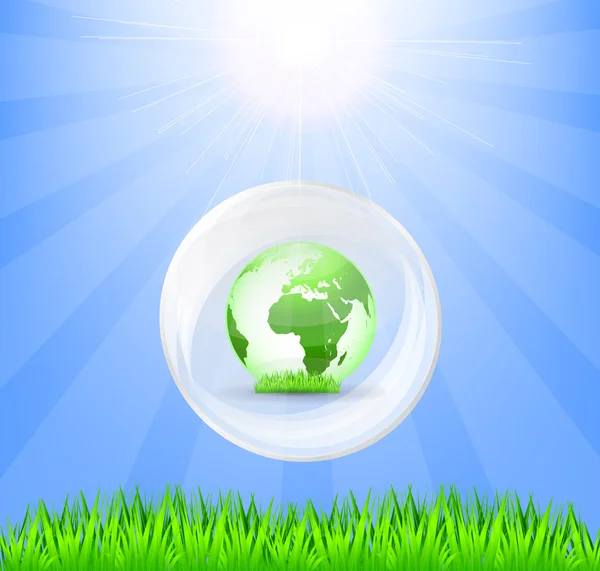 Globe in white crystall, green grass and sun — Stock Vector