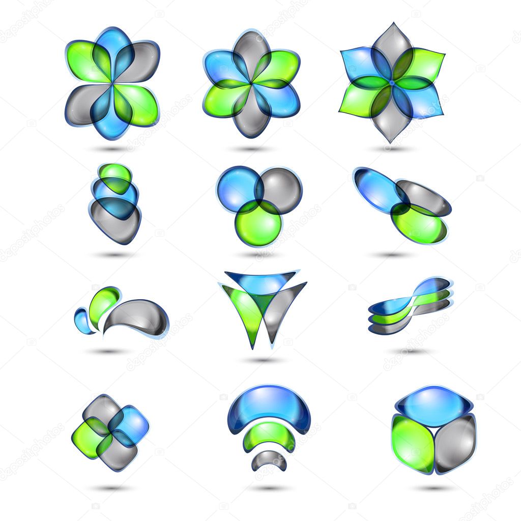 Various green and blue abstract icons isolated on a white background