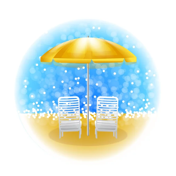 Dos sillas vacías blancas se paran en la playa cerca del mar bajo la sombra de un gran paraguas — Vector de stock