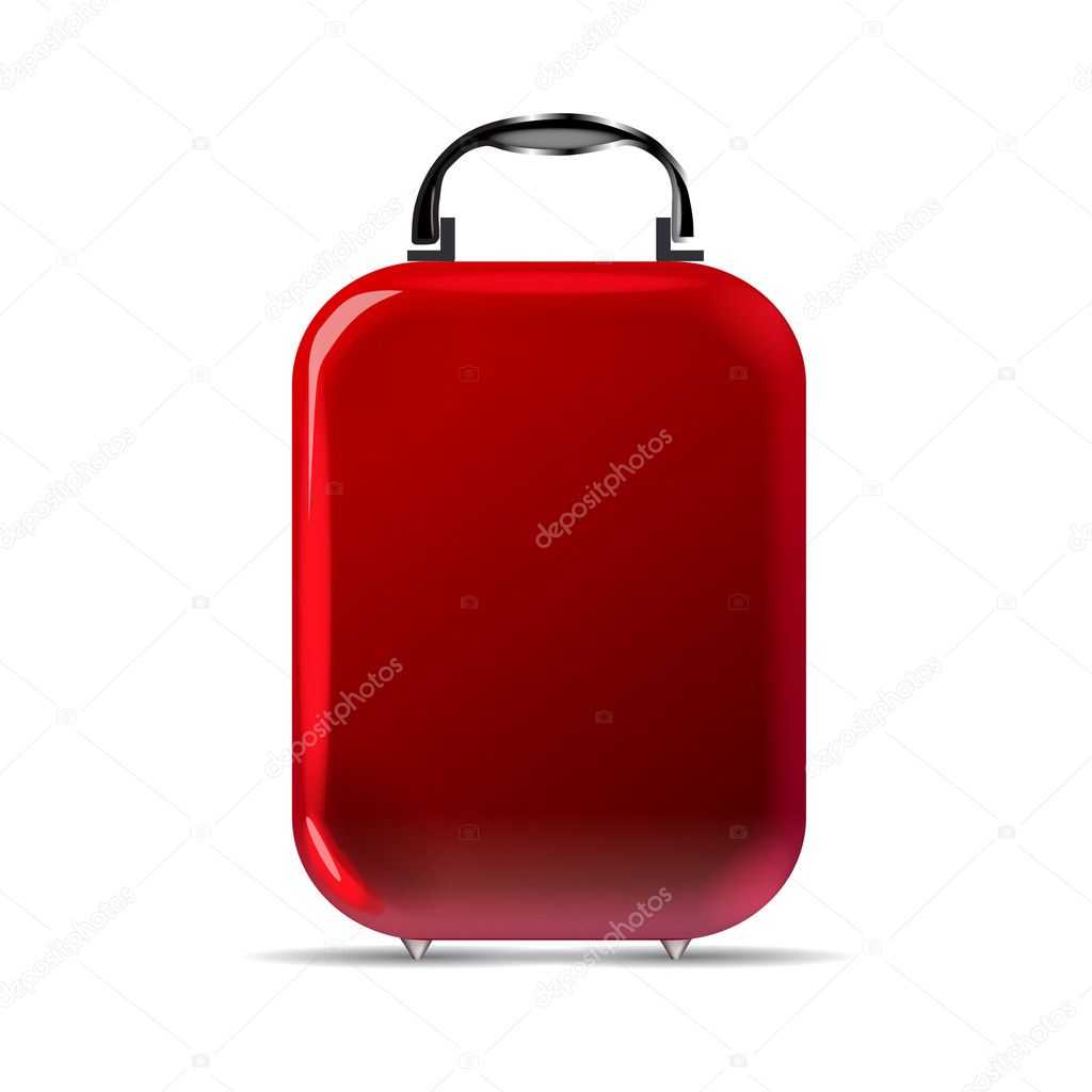 A glossy red suitcase with rounded corners and silvery details