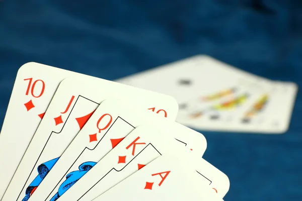 Jouer Jeu Hasard Par Cartes Poker Sur Fond Bleu Foncé — Photo