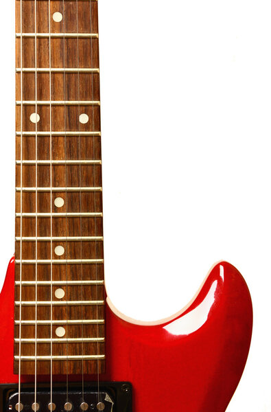 Details of red electric modern guitar on white background