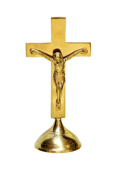 Gold Crucifix Stand Isolated Clipping Path Included — Stock Photo, Image