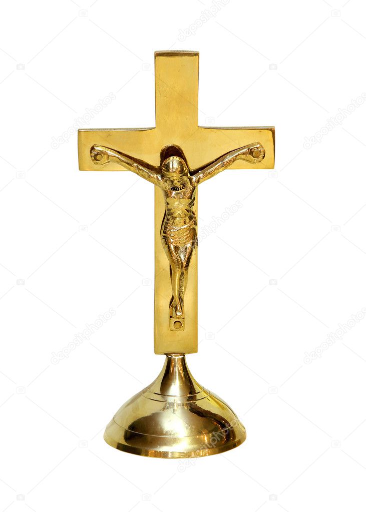 Gold crucifix on a stand isolated with clipping path included