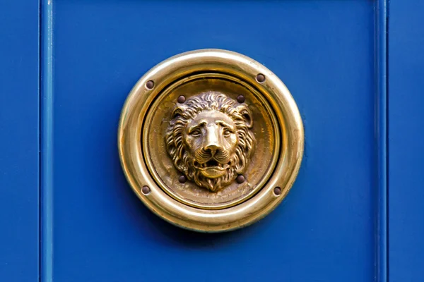 Brass Lion Head Decor Blue Door — Stock Photo, Image