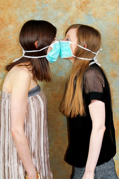 Two Girls Protective Masks Each Other — Stock Photo, Image