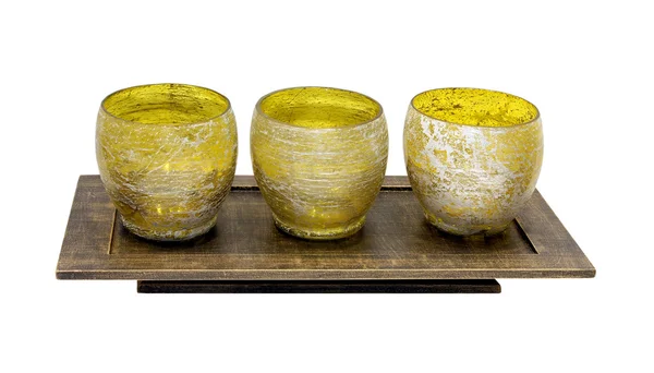 Kleine Glas Kerzenständer Auf Holztablett Isoliert Mit Clipping Pfad Enthalten — Stockfoto