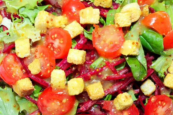 Texture Green Salad Tomatoes Croutons — Stock Photo, Image