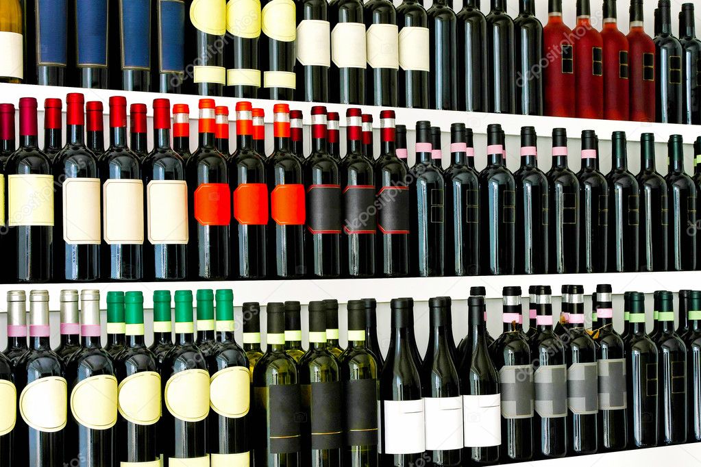 Close up detail of wine bottles shelves