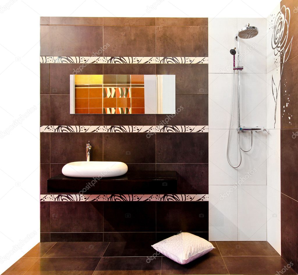 Interior shot of brown bathroom with shower