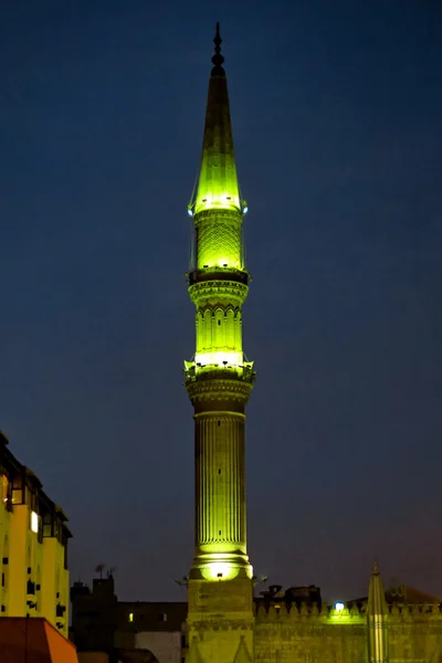 Moschee Mit Grünen Lichtern Bei Nacht Kairo — Stockfoto