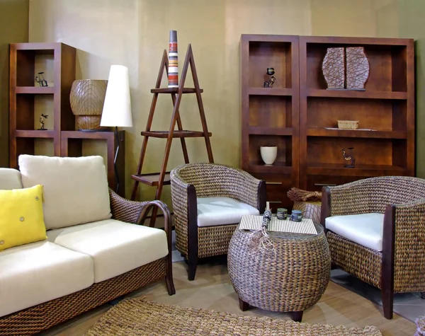 现代客厅棕色色彩与藤制家具 — 图库照片