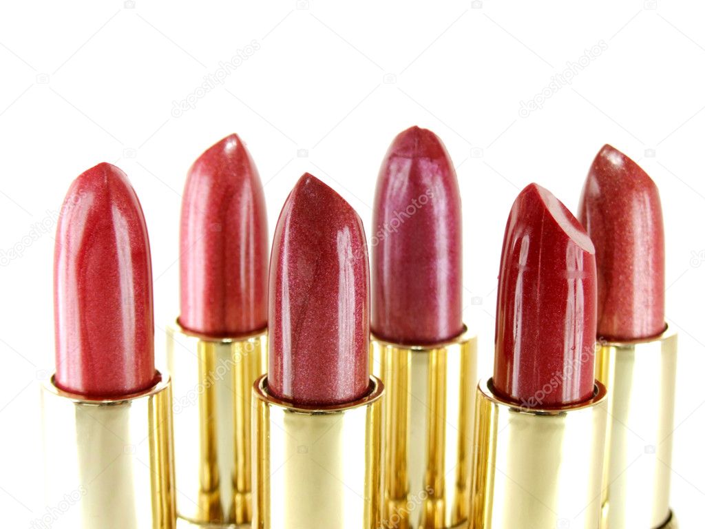 Collection of six red tone lipstick makeups