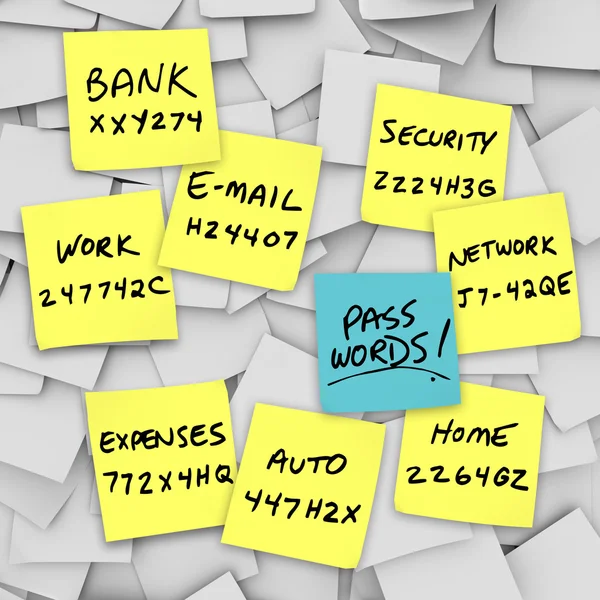 Passwörter auf Haftnotizen geschrieben — Stockfoto
