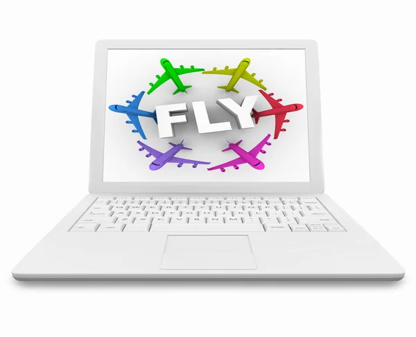 Flyga word och flygplan på vita bärbar dator — Stockfoto