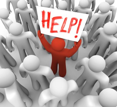 Person Holding Help Sign in Crowd clipart