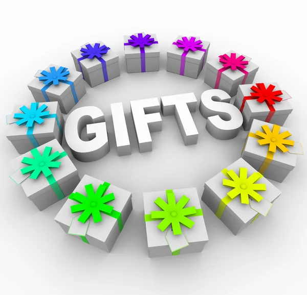 Geschenke - Geschenke im Kreis um Wort — Stockfoto