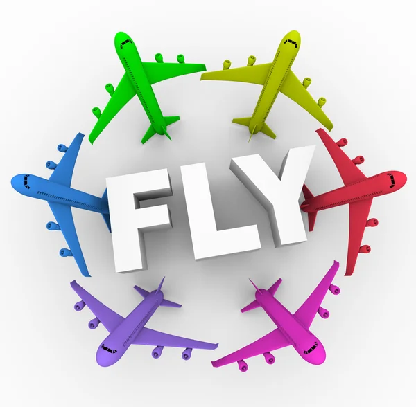 Μύγα - πολύχρωμα αεροπλάνα γύρω από τη λέξη — Φωτογραφία Αρχείου