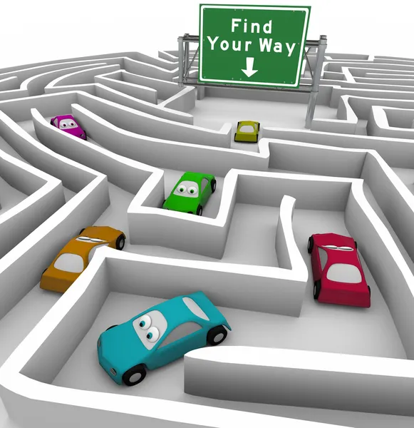 Find Your Way - Cars Lost in Maze — Zdjęcie stockowe