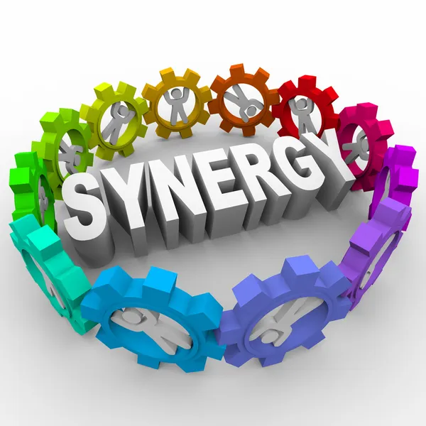 Synergie - v zařízení kolem slovo — Stock fotografie