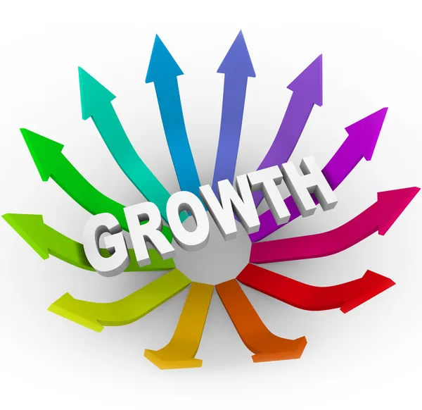 Groei word en kleurrijke pijlen — Stockfoto