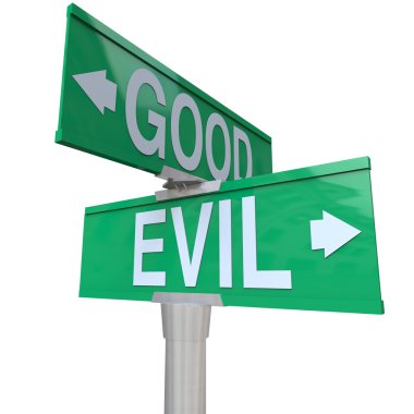 A green two-way street sign pointing to Good or Evil, symbolizing the inner conflict of the conscience clipart