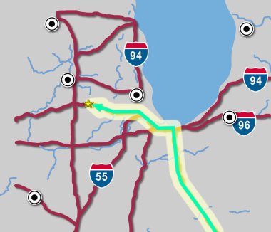 A map showing roads and turn by turn directions to reach a destination clipart