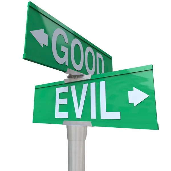 Green Two Way Street Sign Pointing Good Evil Symbolizing Inner — Stock Photo, Image