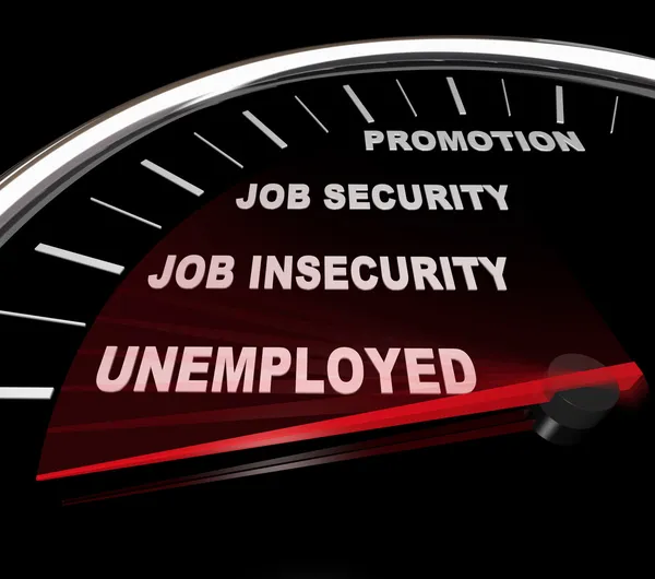 Needle Speedometer Plunging Word Unemployment Symbolizing Being Downsized Job — Stock Photo, Image