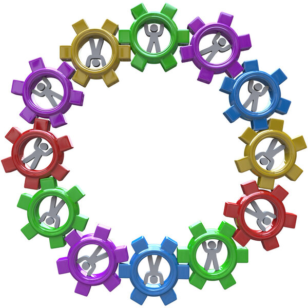 A circular pattern of cogwheels with in them, symbolizing the synergy of teamwork