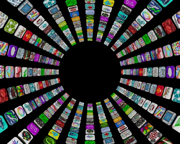 stock image Many apps in a circular pattern of tile buttons on a black background