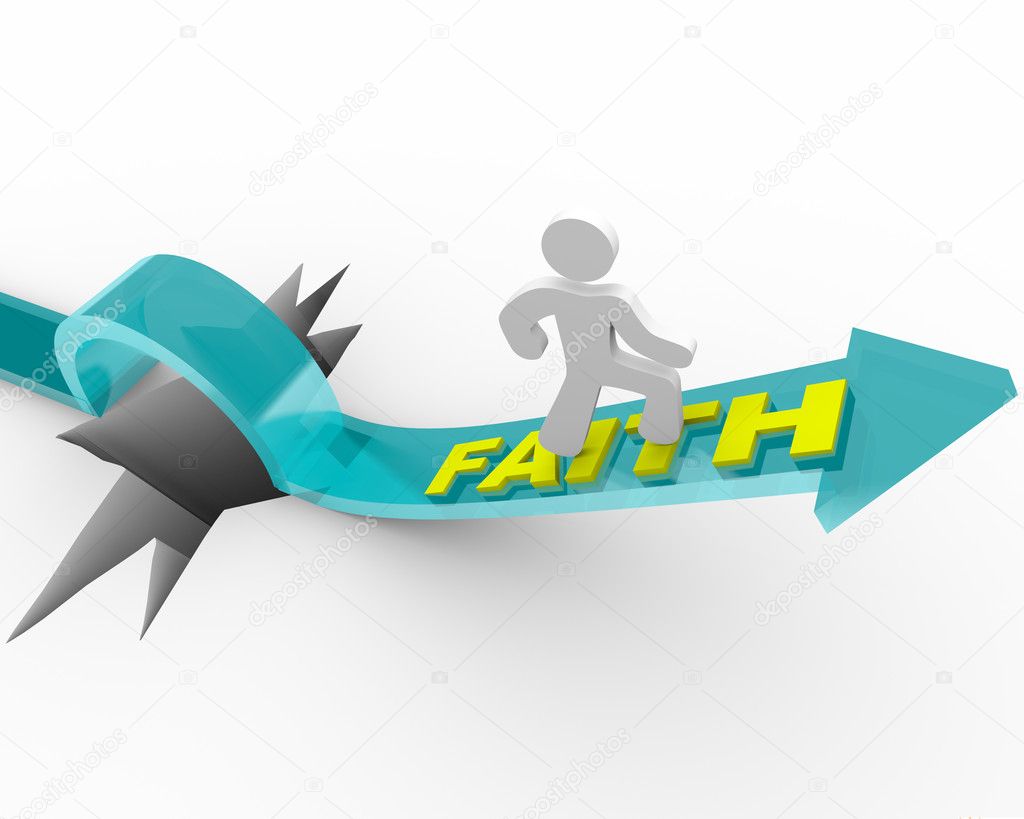 A man runs on an arrow marked Faith as it rises over a deep hole