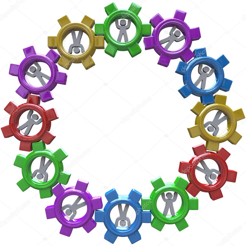 A circular pattern of cogwheels with in them, symbolizing the synergy of teamwork