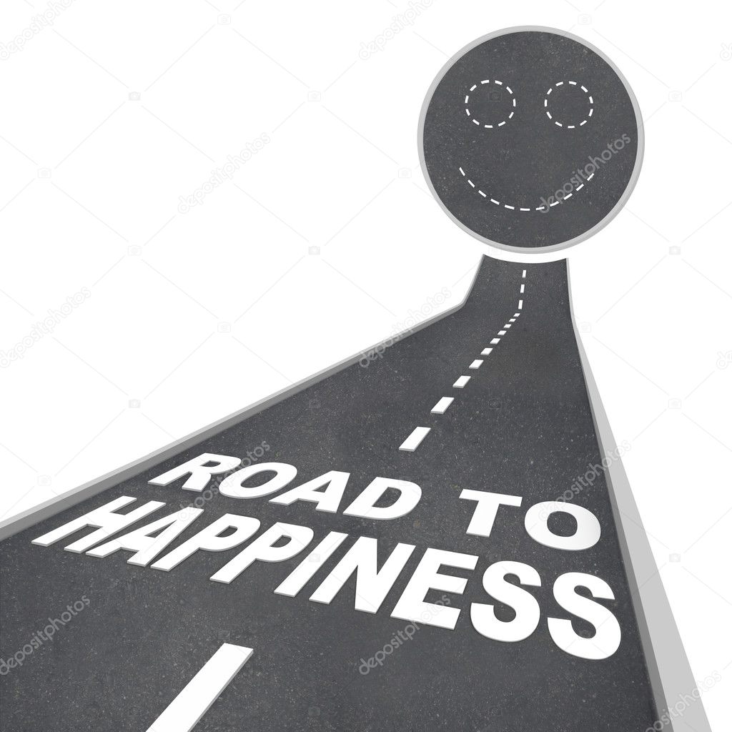 The words Road to Happiness in white letters on a street leading to a smiley face