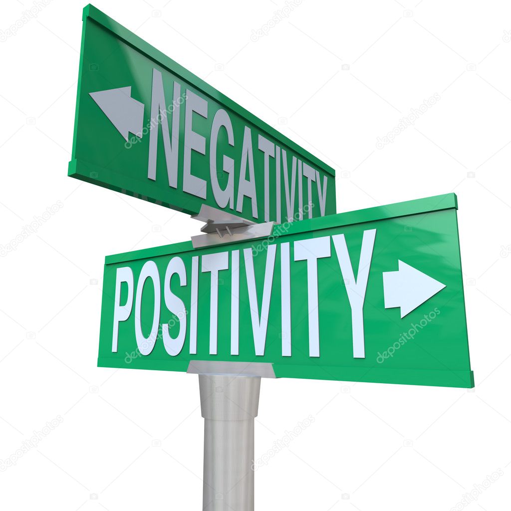 A green two-way street sign pointing to Positivity vs Negativity