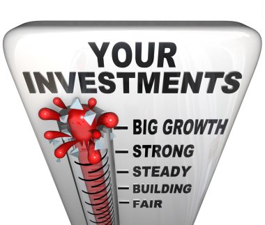 A thermometer with mercury bursting through the glass, and the words Your Investments, symbolizing a growing stock portfolio clipart