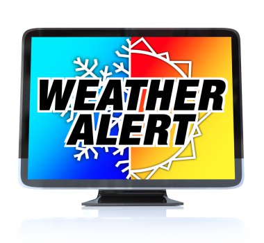 A HDTV television with the words Weather Alert and a snowflake and sun on the screen clipart