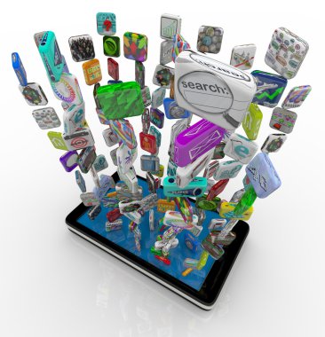 Many application app icons downloading into a smart phone clipart