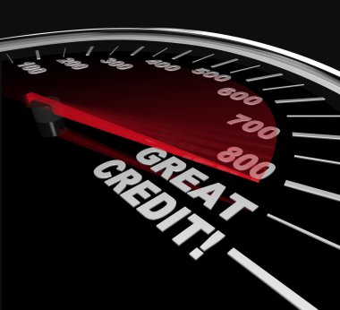 The needle on a speedometer points to great credit scores, speeding up to and past 800 clipart