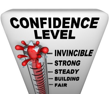 A thermometer with mercury bursting through the glass, and the words Confidence Level, symbolizing a positive attitude clipart