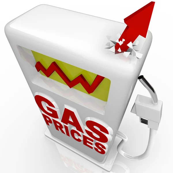 Red Arrow Crashes Top Gasoline Pump Words Gas Prices — Stock Photo, Image