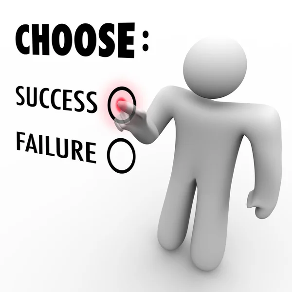 一名男子按在成功时要求选择正在成功与失败之间一词旁边的按钮 — 图库照片