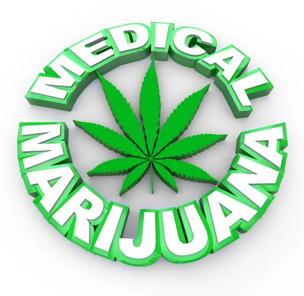 单词医用大麻周围一个大麻叶图标 — 图库照片