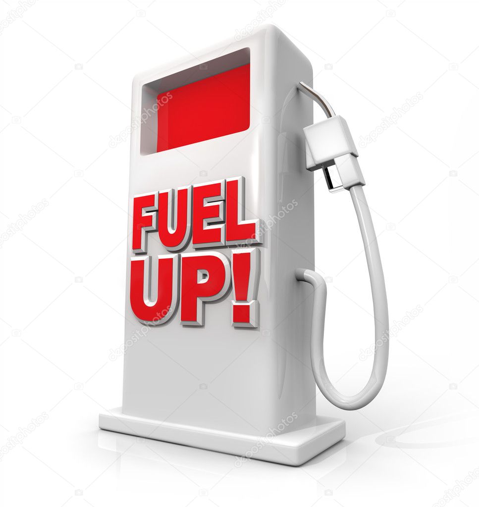A white pump with red screen and the words Fuel Up on its front