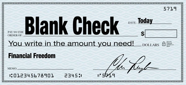 Blank check - ekonomisk frihet från rikedom — Stockfoto