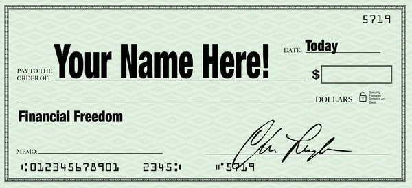 Libertad financiera - Su nombre en cheque en blanco — Foto de Stock