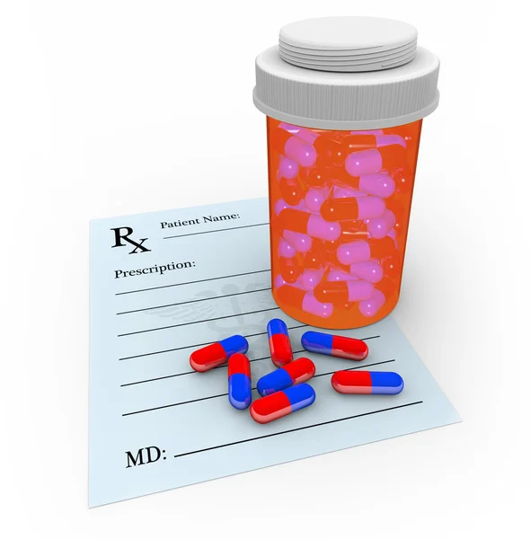 Píldoras de la cápsula - Receta y frasco de medicamentos —  Fotos de Stock