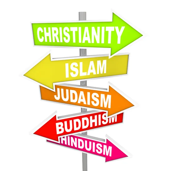 Pięć głównych światowych religii na strzałkę znaki — Zdjęcie stockowe